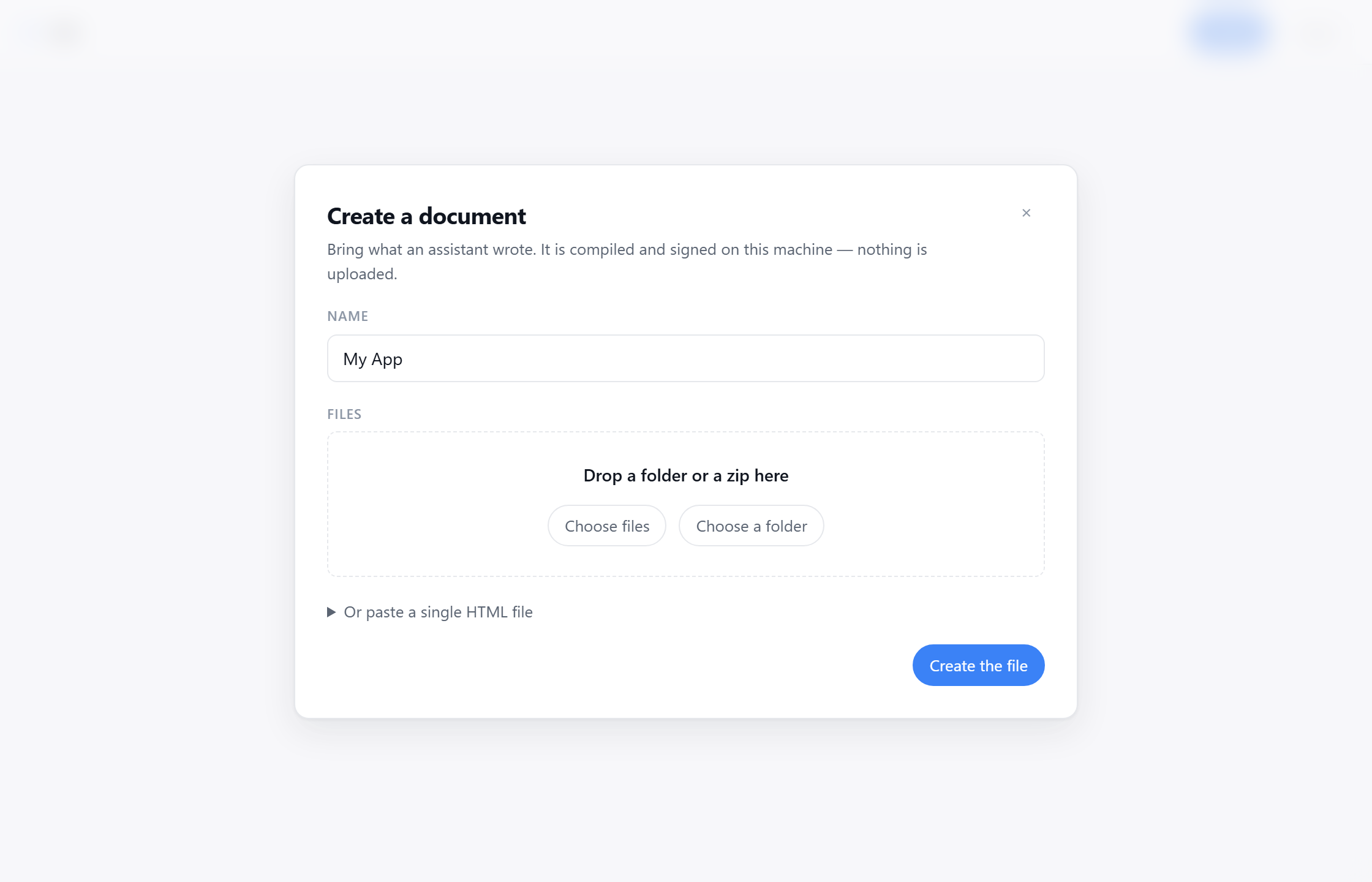 The create dialog, with a folder dropped in