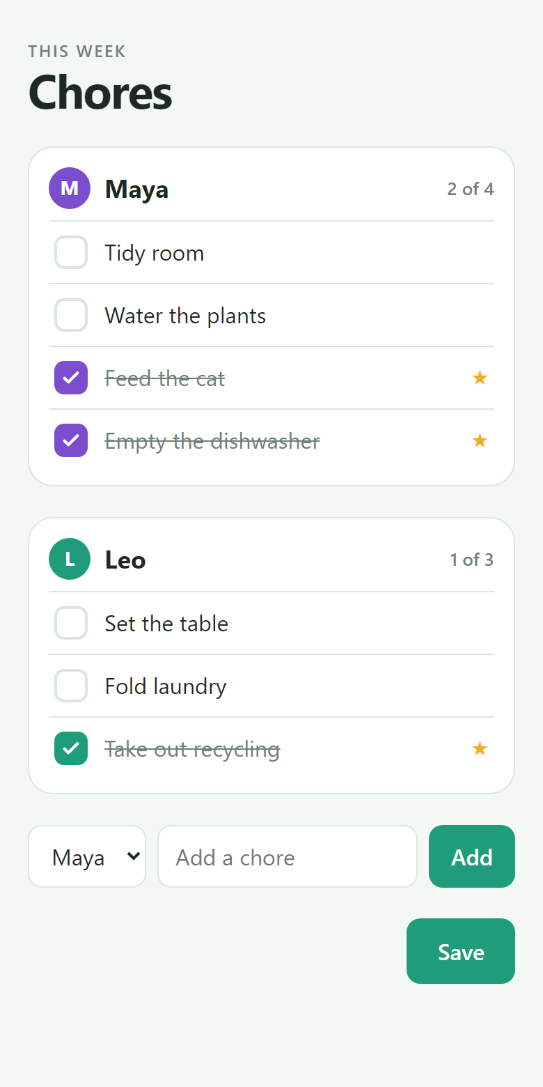 A chore chart for Maya and Leo