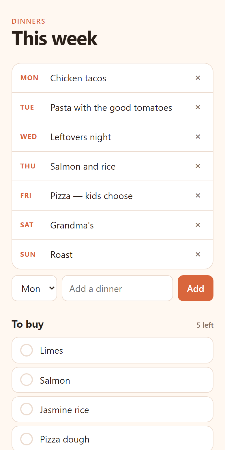 A week of dinners and a shopping list