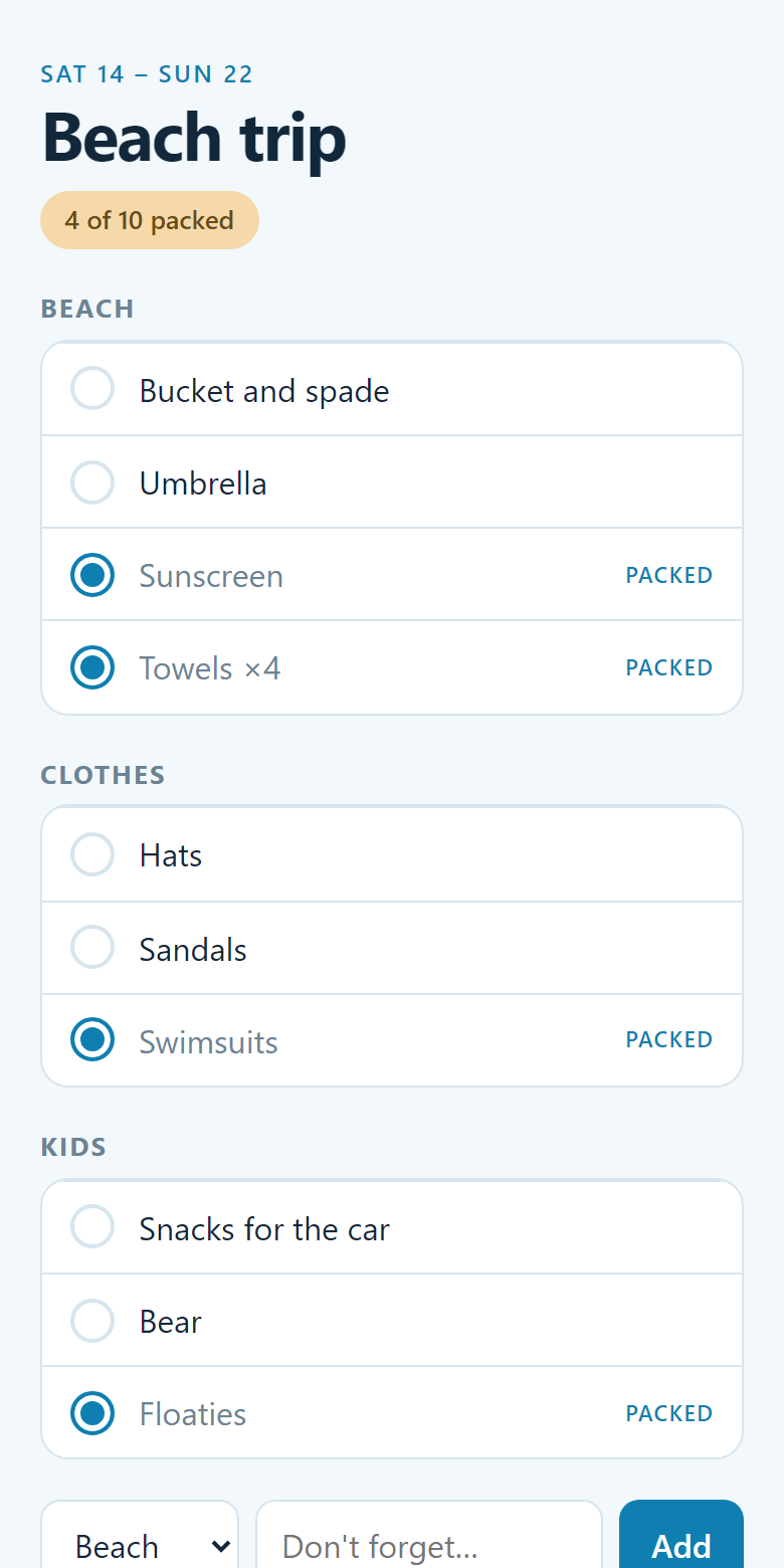 A packing list for a beach trip